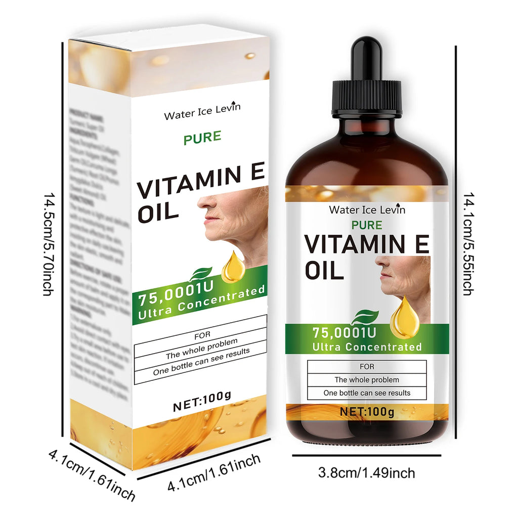Bottle and box of Water Ice Levin Pure Vitamin E Oil with dimensions indicated.