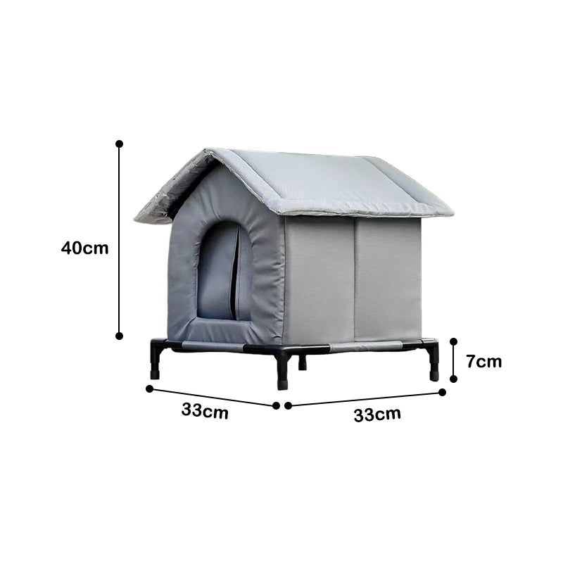 Gray pet house with dimensions indicated on a white background