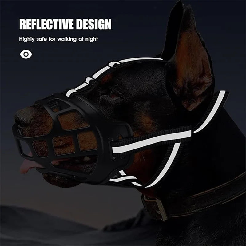 Horse wearing a reflective muzzle with text indicating safety at night.