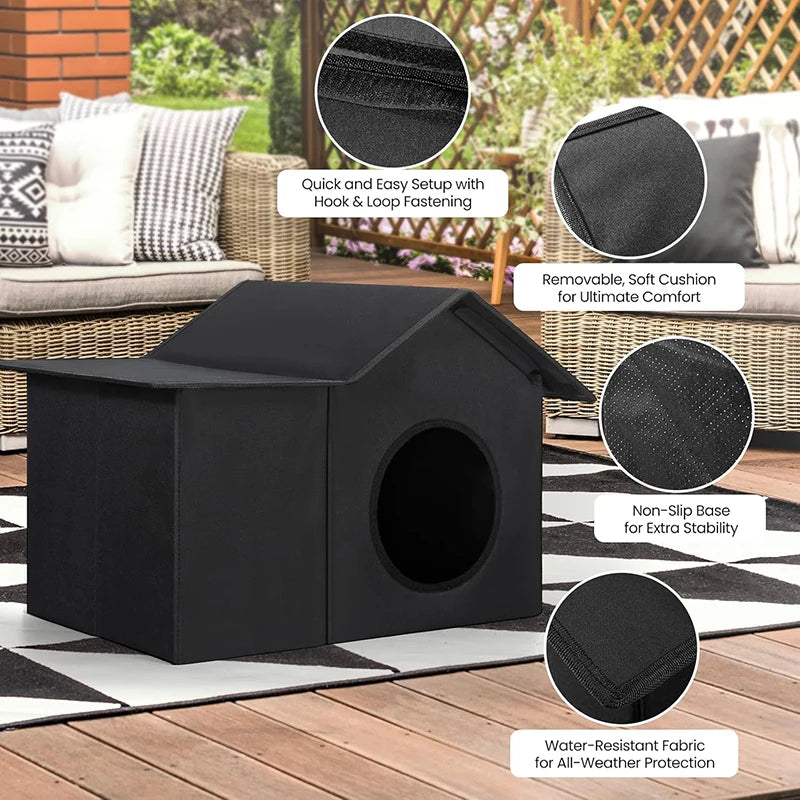 Black outdoor dog house with a household-style roof and circular entry hole, shown on a patio with feature callout circles and text labels.