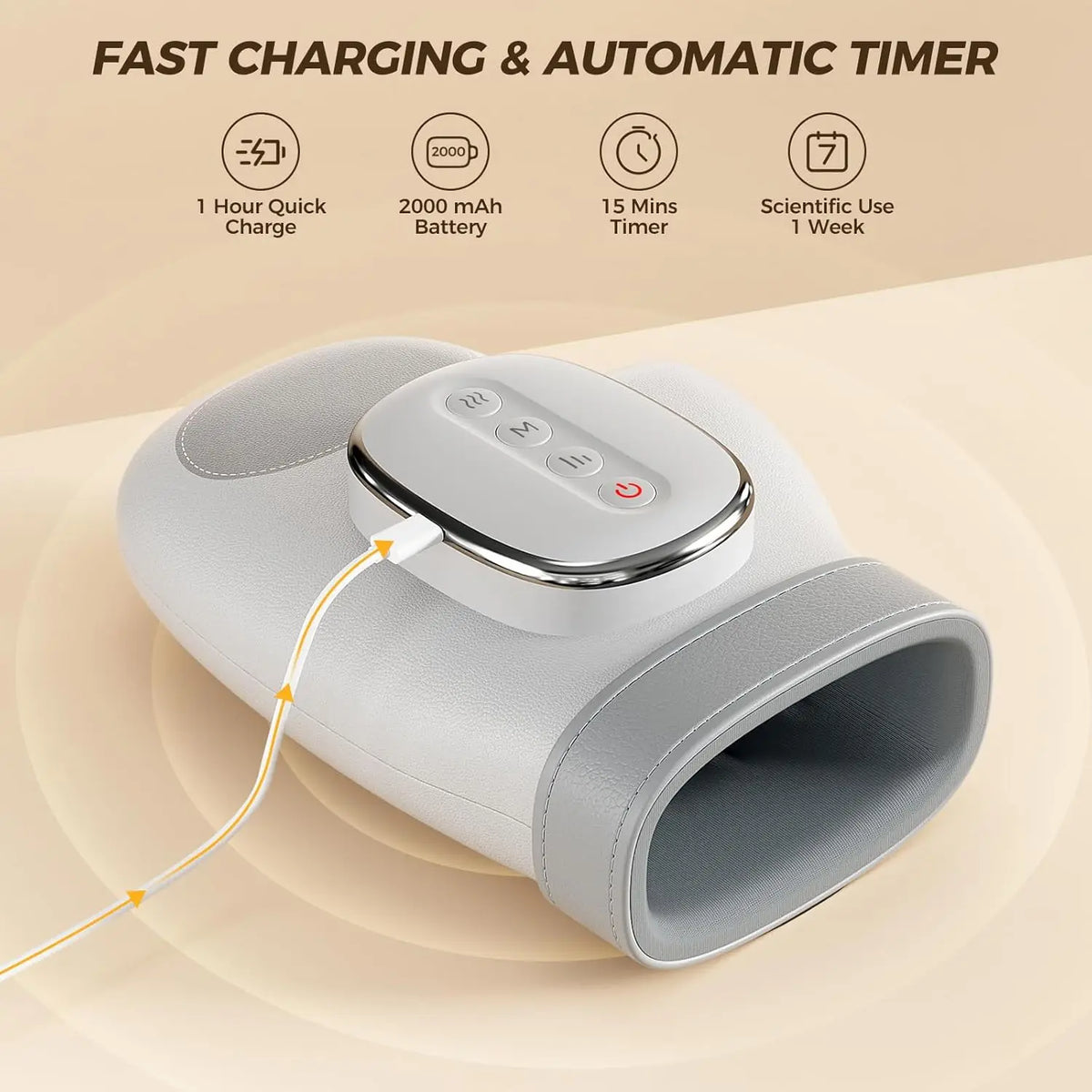 Gray electronic device with charging cable on a beige background, featuring text about fast charging and automatic timer.