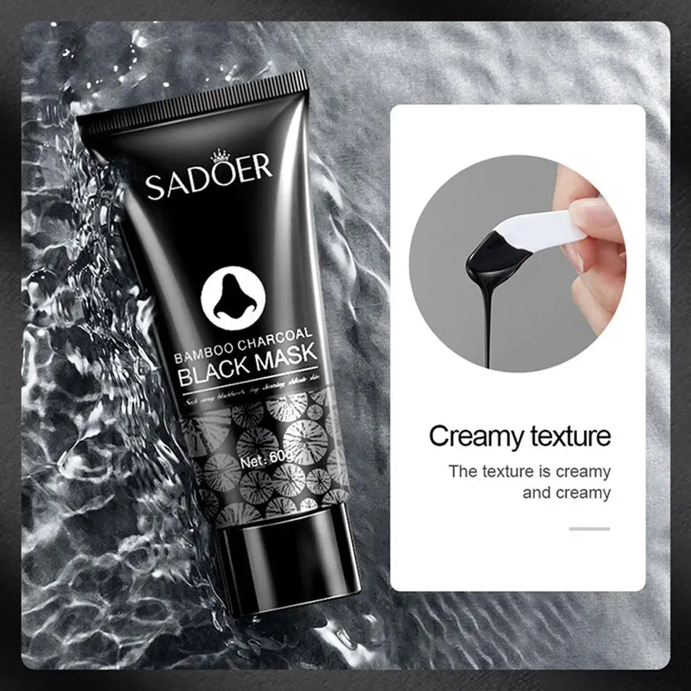 Sadoer bamboo charcoal black mask packaging with a close-up of the creamy texture on a textured background.