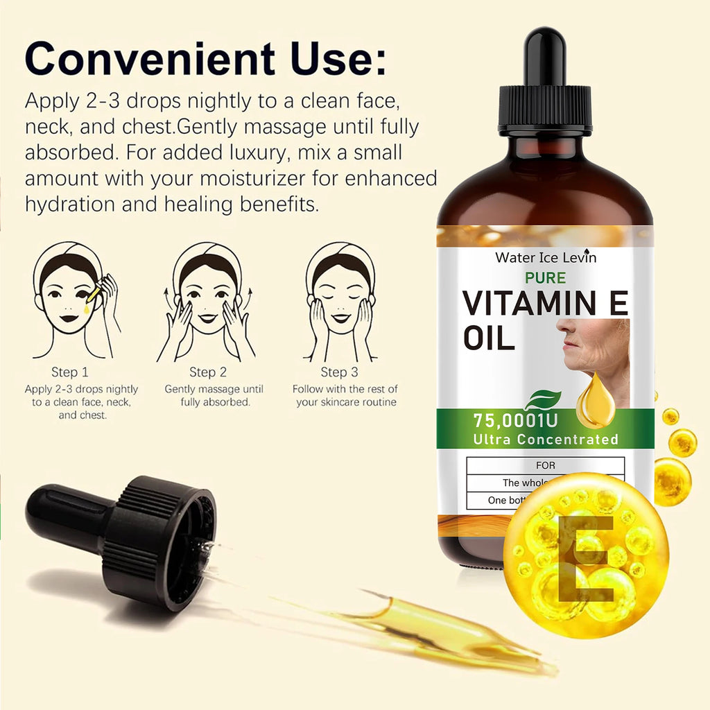 Bottle of Vitamin E oil with dropper and usage instructions on a beige background