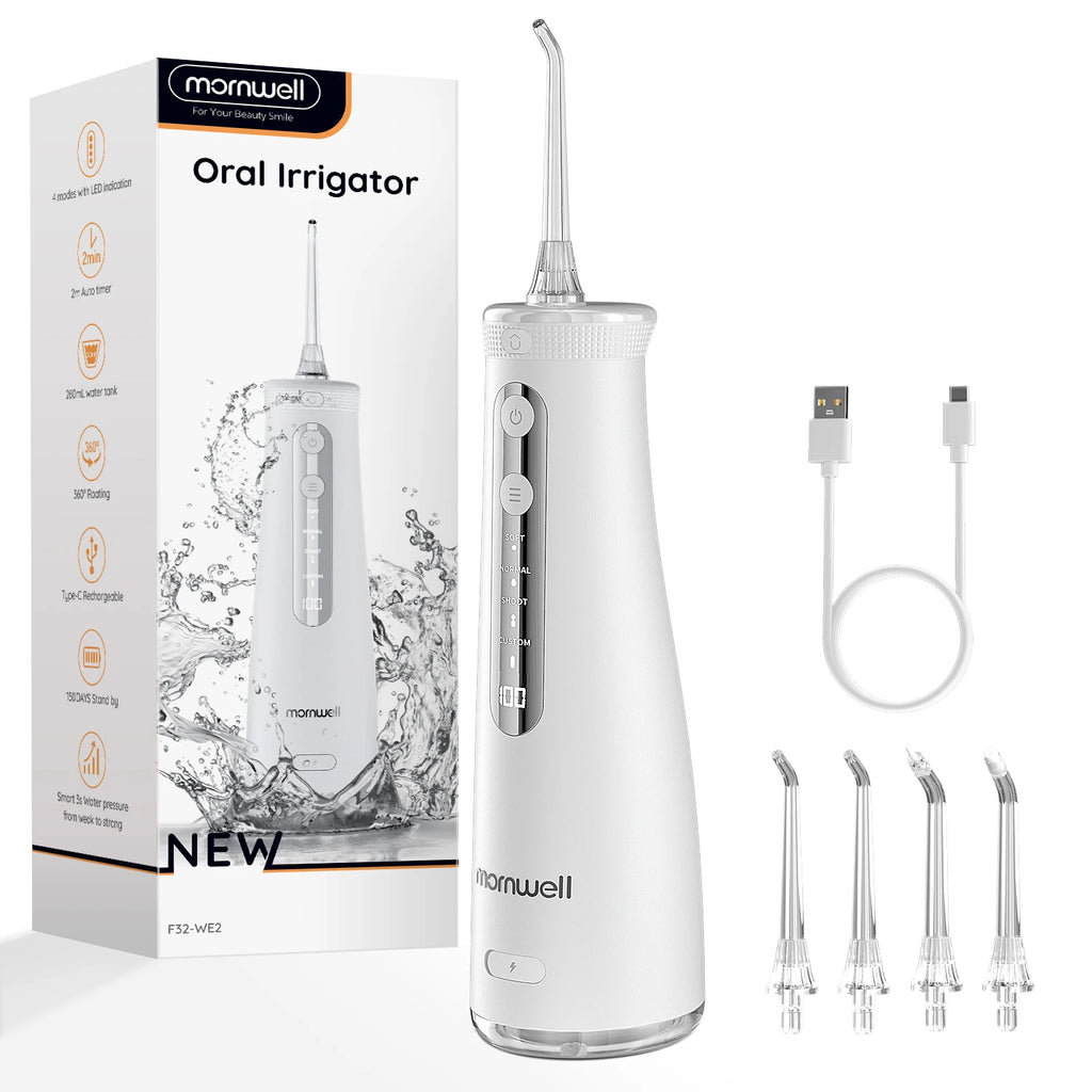 Mornwell oral irrigator with packaging, device, USB cable, and nozzles on a white background
