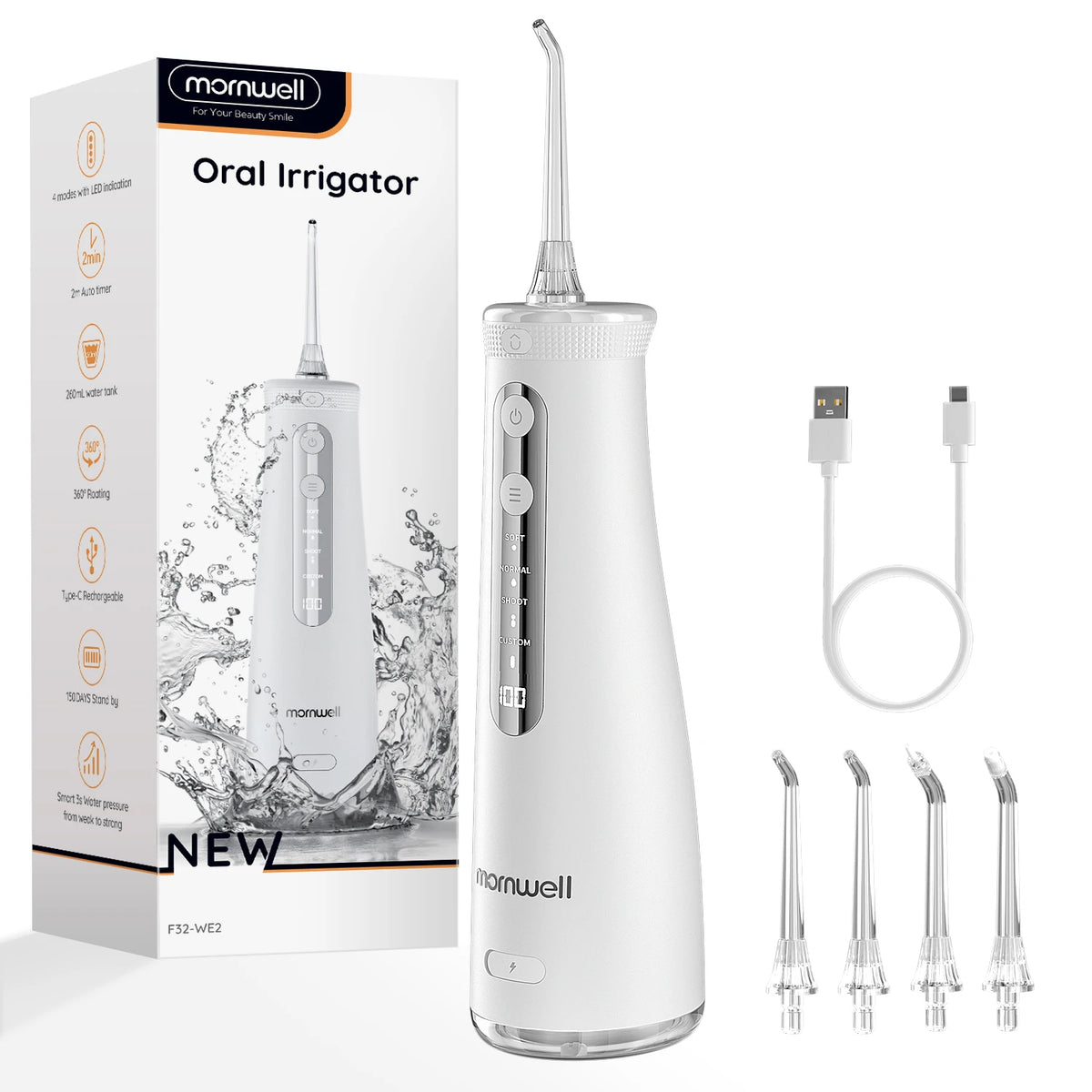 Mornwell oral irrigator with packaging, device, USB cable, and nozzles on a white background