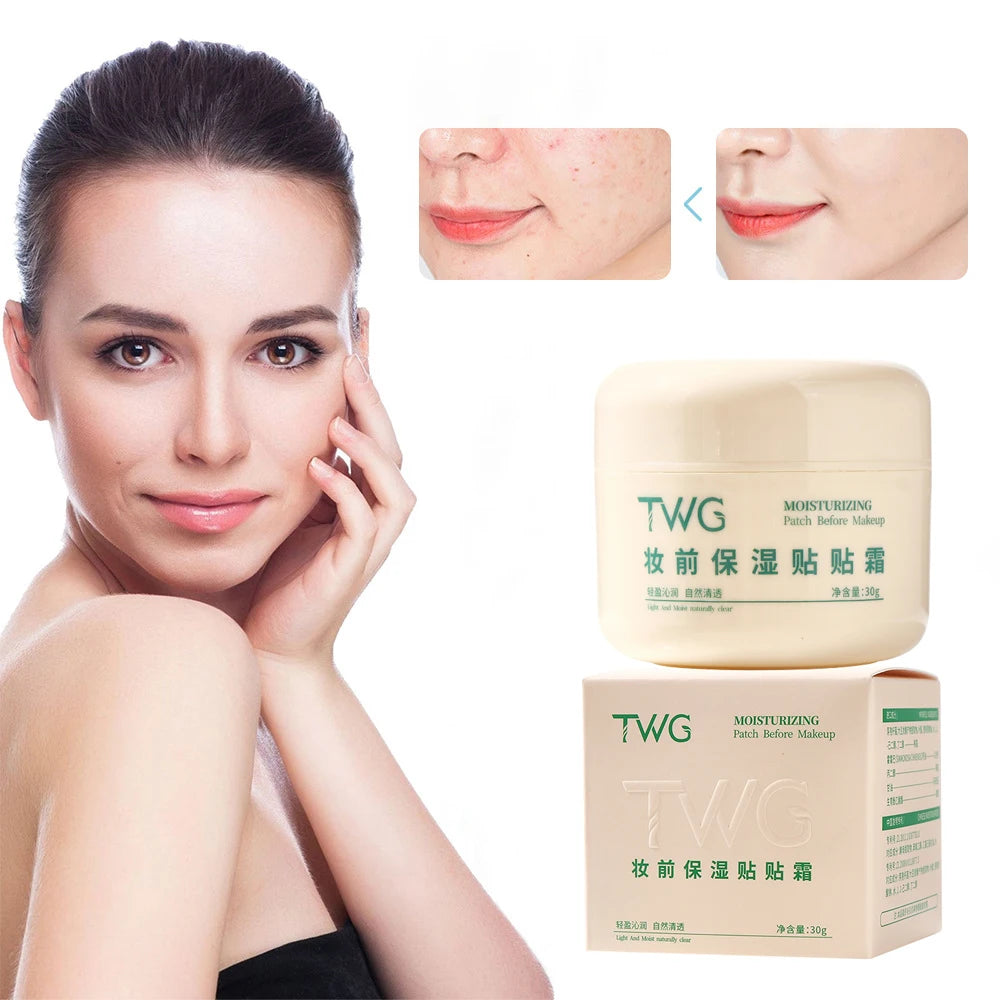 Woman with smooth skin next to TWG moisturizing patches packaging