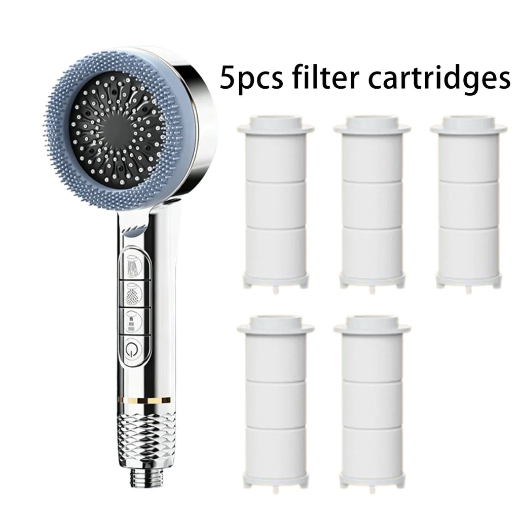 A chrome handheld shower head with a blue-gray silicone brush head is shown next to five white cylindrical filter cartridges on a plain white background, with the text '5pcs filter cartridges' above.