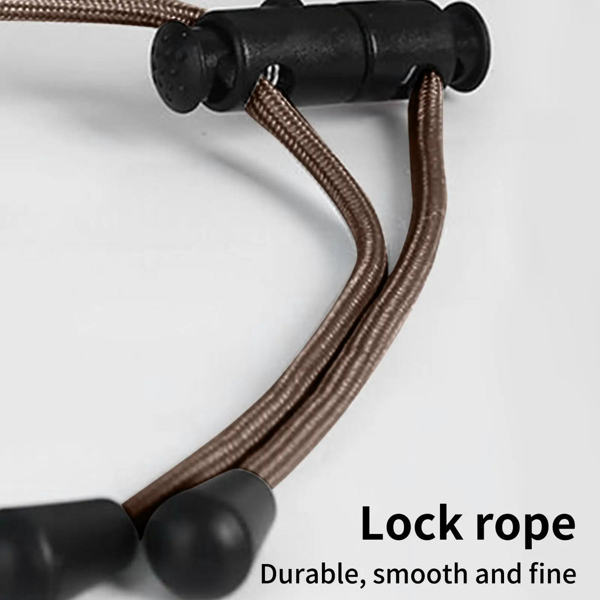 Close-up of a brown braided lock rope with black plastic end caps and a black locking slider, shown on a light gray background with the text 'Lock rope Durable, smooth and fine'.