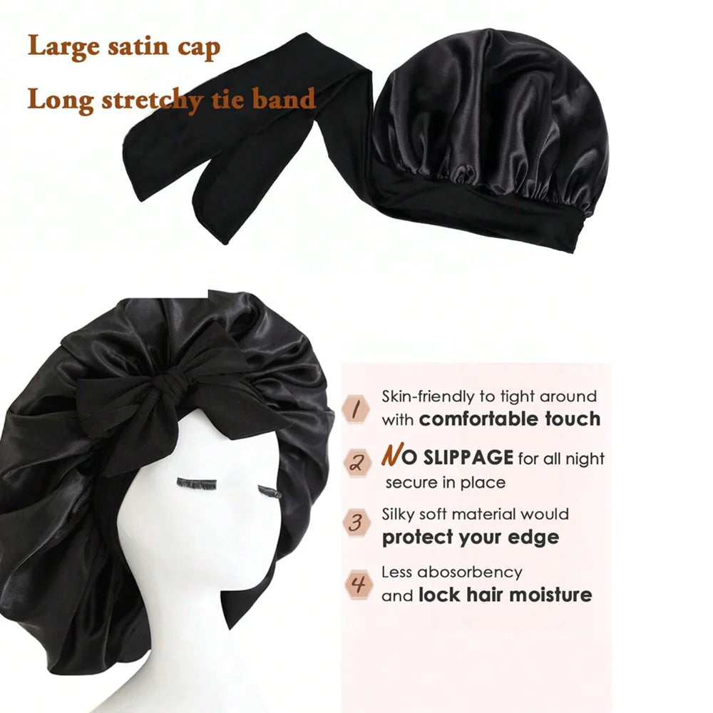 Black satin bonnet with text highlighting features on a white background