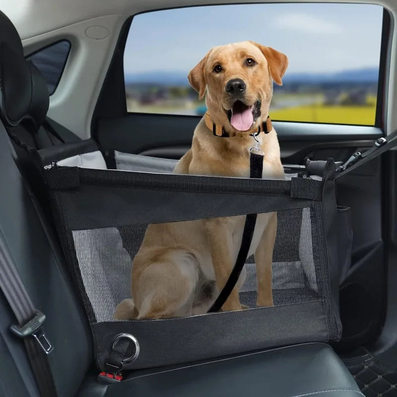 Dog sitting in a car seat cover with a scenic view outside