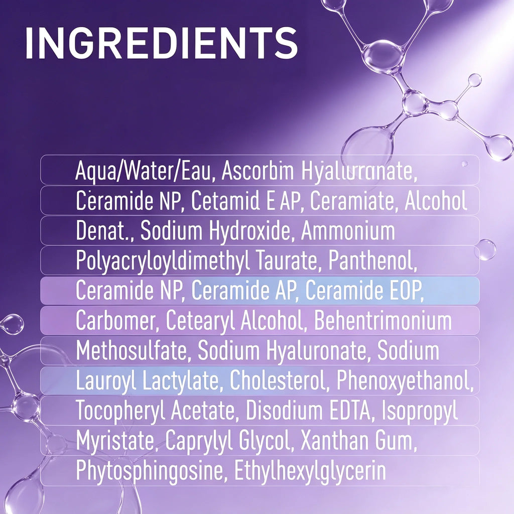 Ingredients list graphic on a purple gradient background with white text and decorative molecule illustrations. The header reads 'INGREDIENTS' and lists skincare components such as aqua/water/eau, ascorbyl hyaluronate, ceramide NP, cetamide E AP, ceramiate, alcohol, denat.