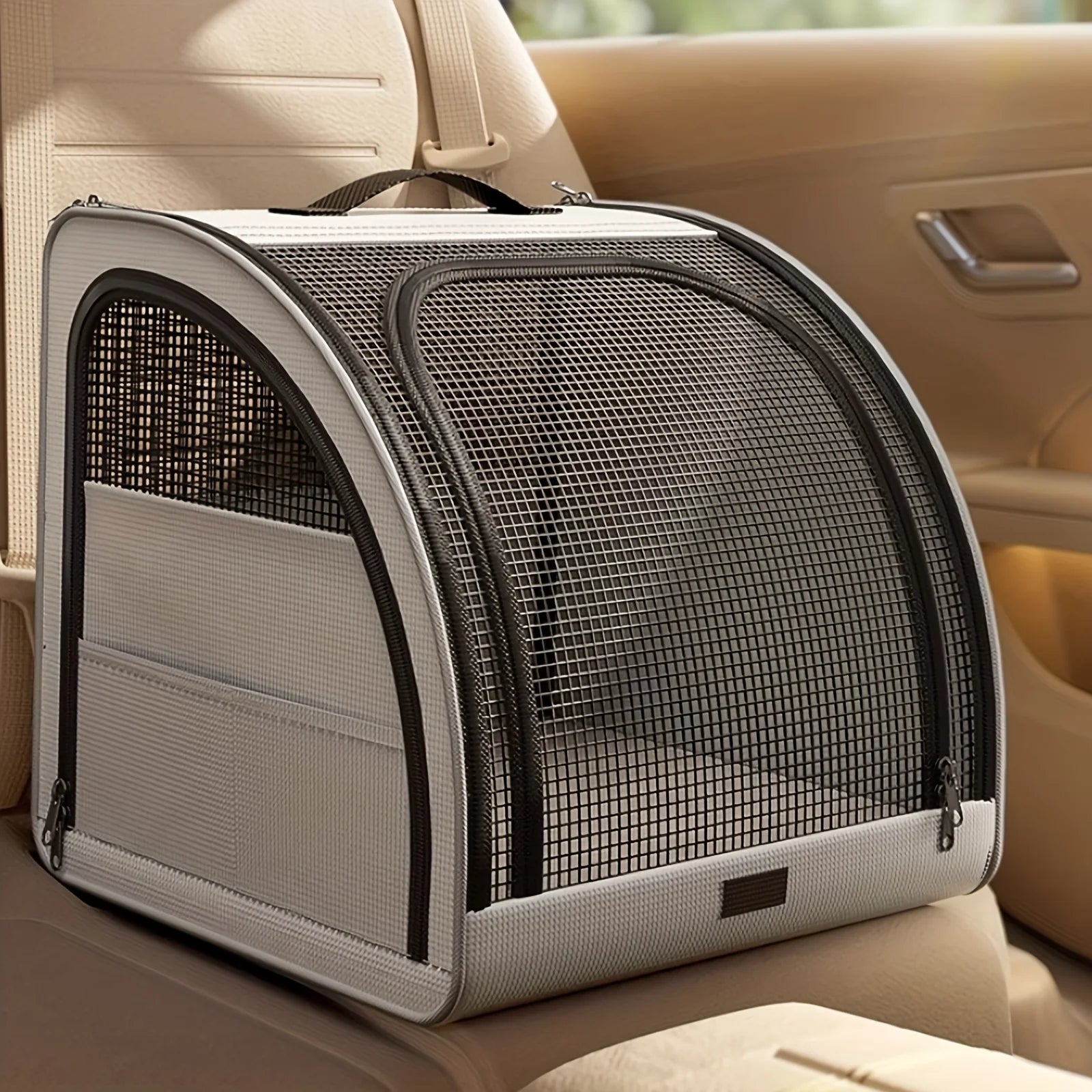 Pet carrier on a car seat with a beige interior
