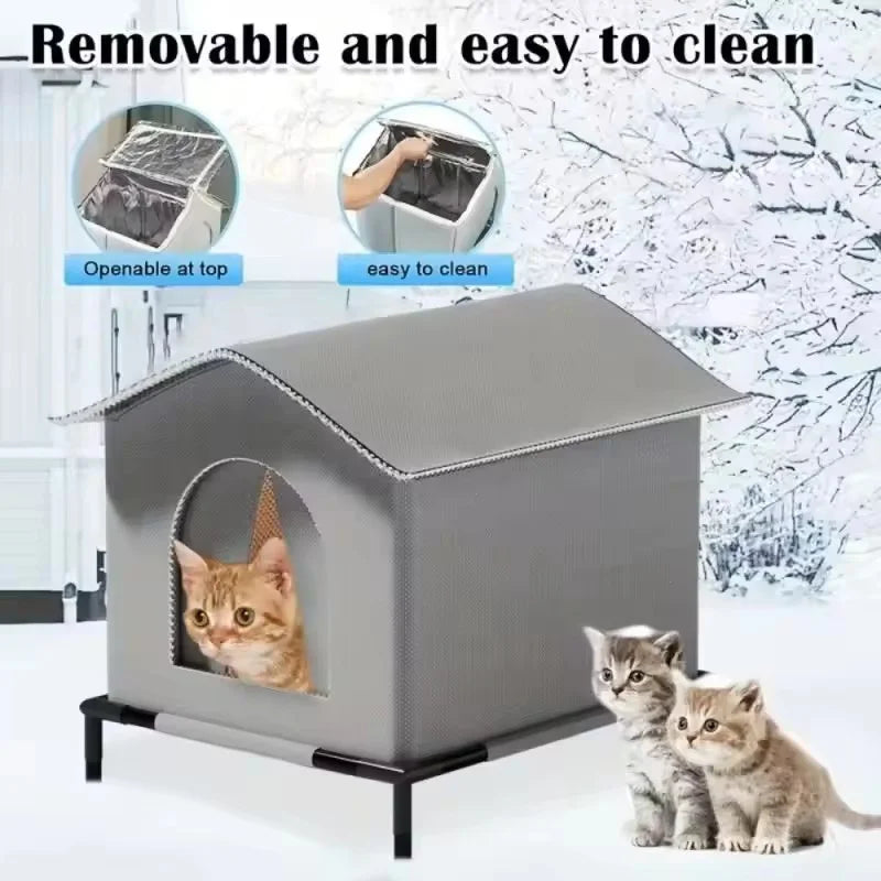 Gray pet house with cats inside, featuring text 'Removable and easy to clean' on a snowy background.