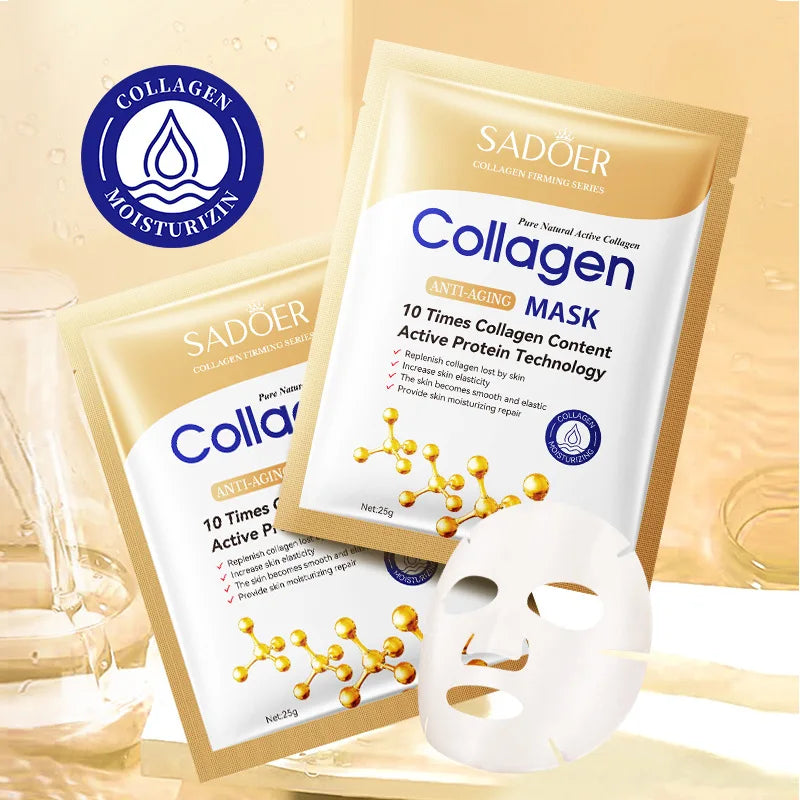 Sadoer Collagen Mask packaging with a white mask sheet on a beige background