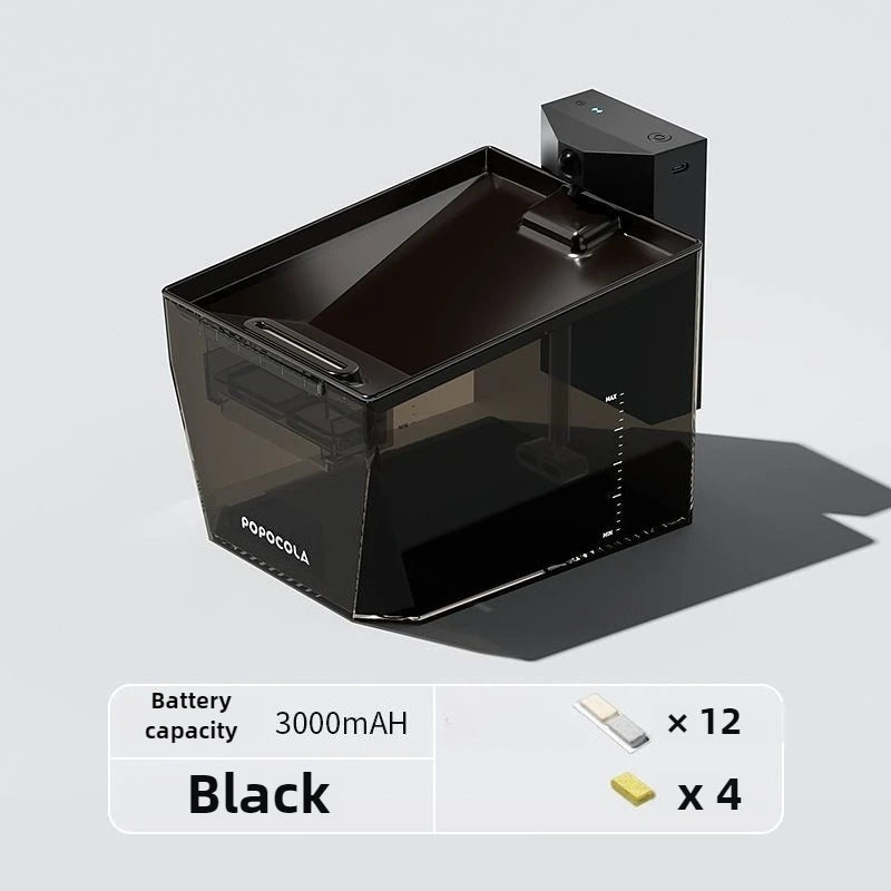 A black Popocoll portable power station with a translucent dark gray front panel, shown on a light gray background with a text overlay detailing battery capacity and included accessories.