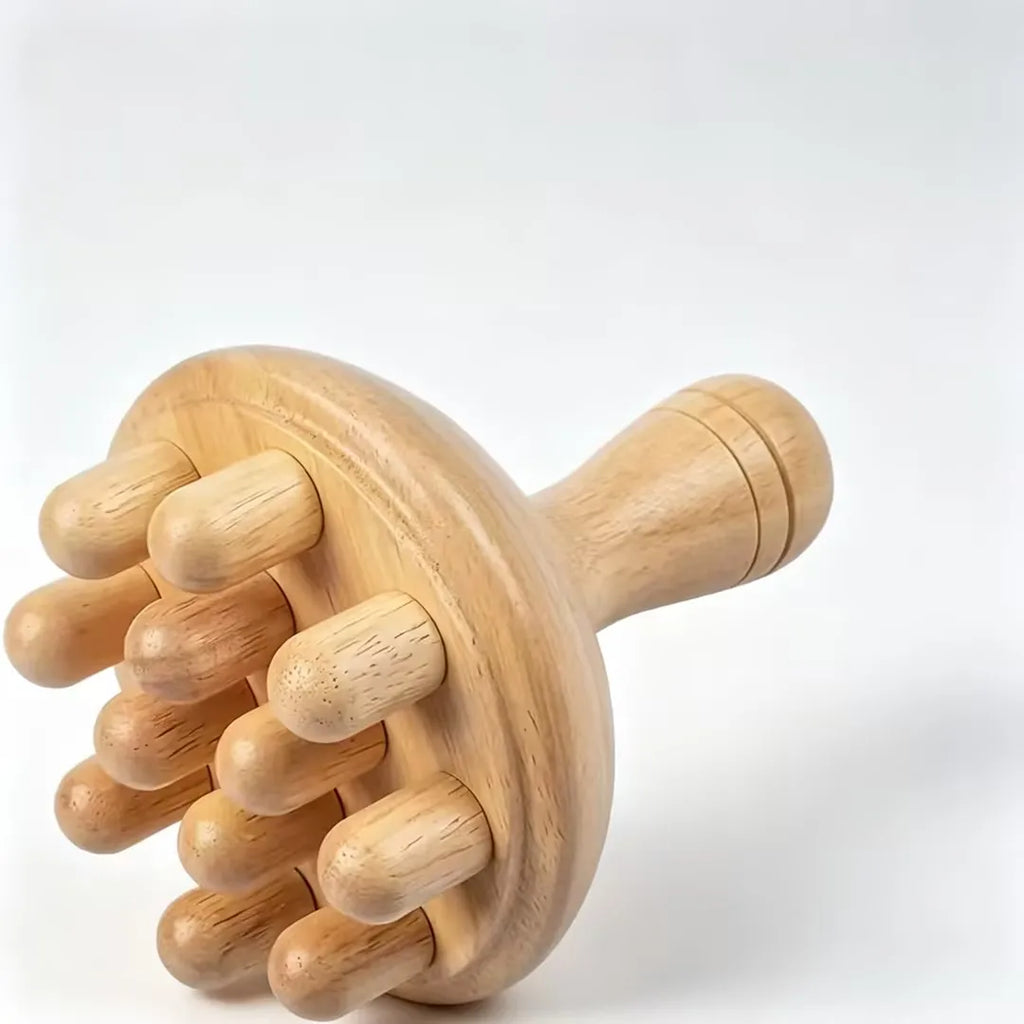 A natural wood scalp massager with multiple rounded massage nodes and a curved handle, shown on a clean white background.