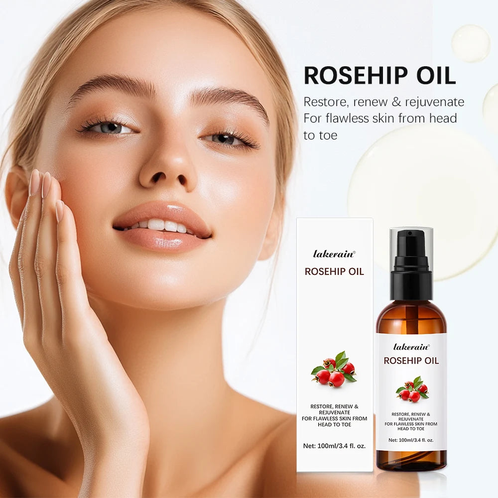 Woman with smooth skin holding her face, Lakerain Rosehip Oil packaging, and bottle on a white background