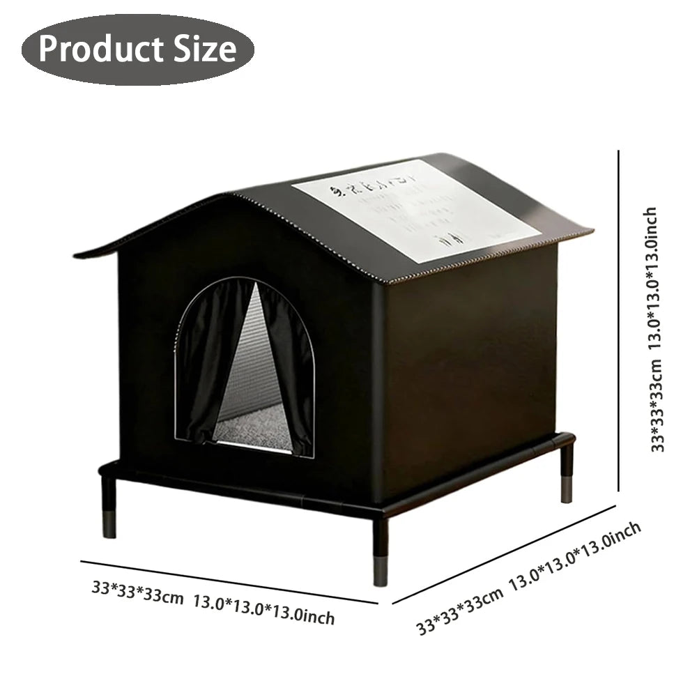 Black pet house with dimensions on a white background