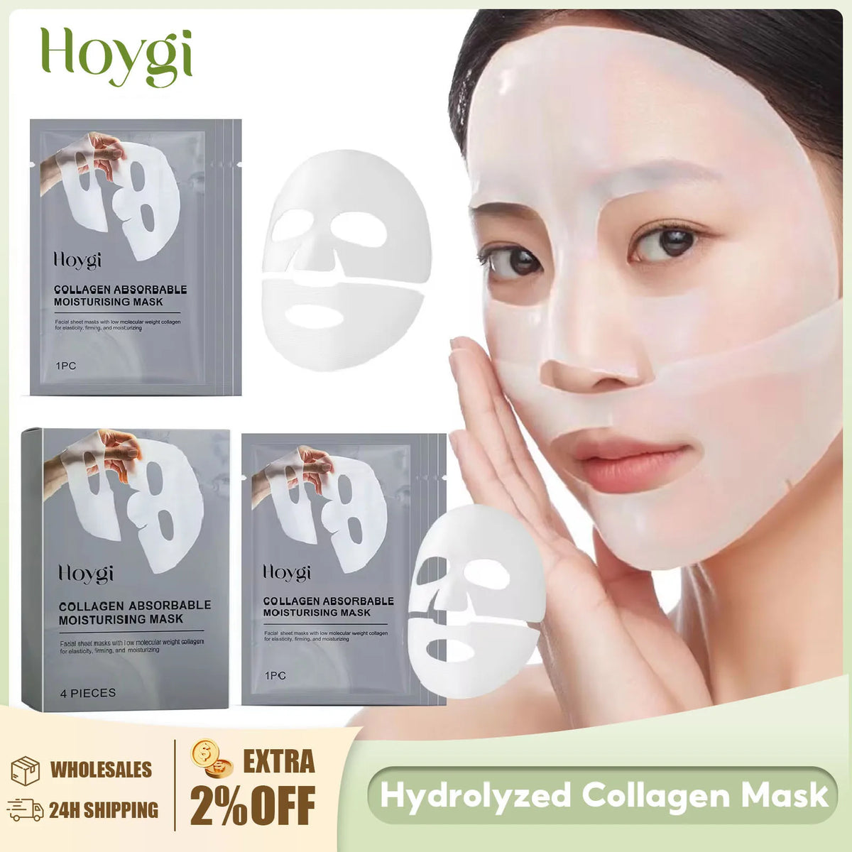 Woman wearing a Hogyi hydrolyzed collagen mask with product packaging displayed.