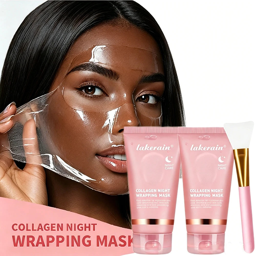 Woman applying a collagen night wrapping mask with Lakerain products displayed.