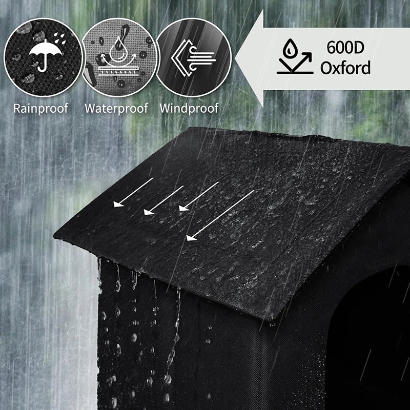 Dog house with rainproof, waterproof, and windproof features shown on a rainy background.
