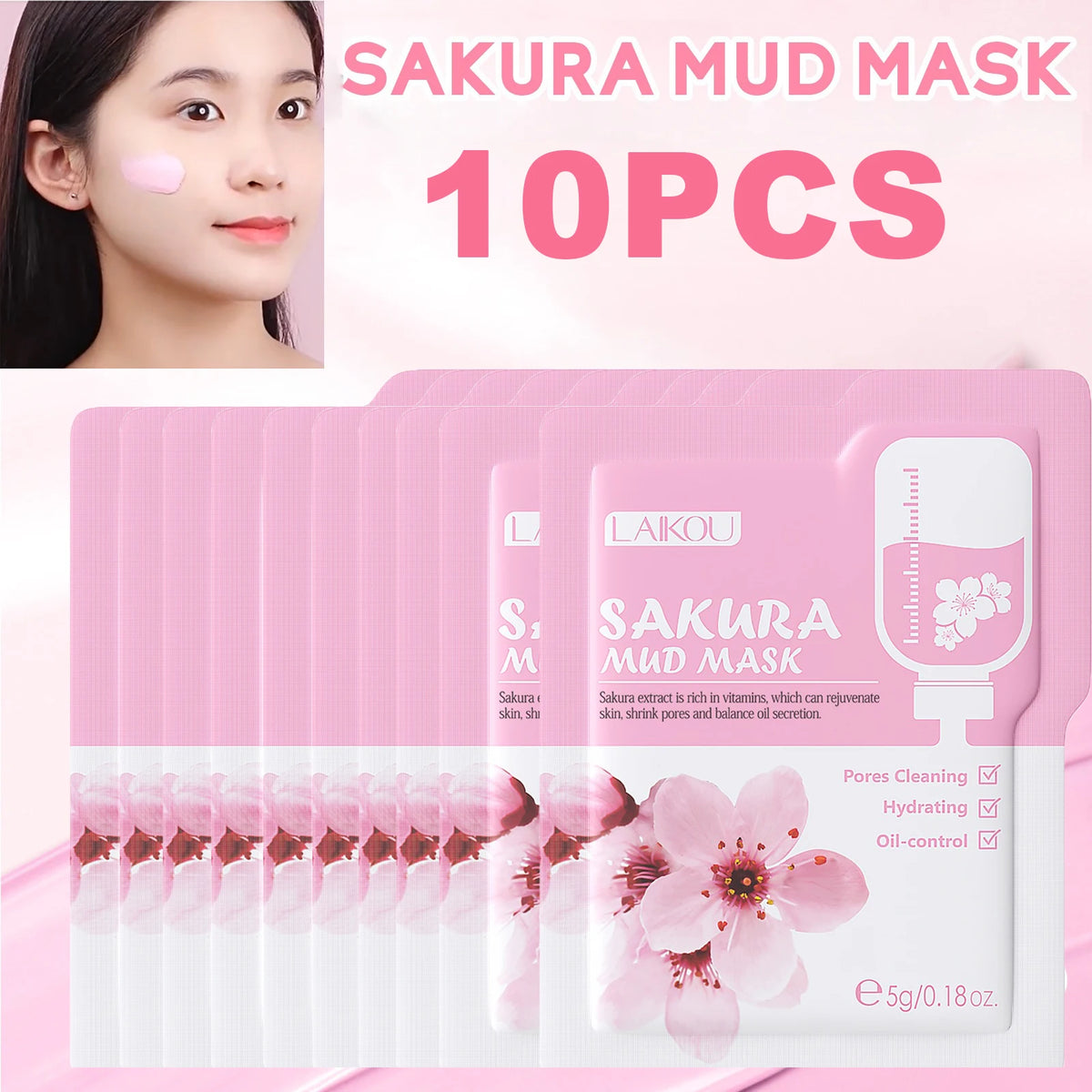 Sakura mud mask packaging with a woman's face wearing the mask, featuring cherry blossoms and product details.