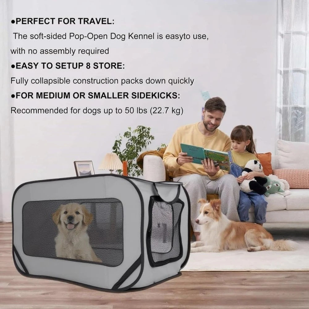 Foldable Pop-Up Pet Kennel | Portable Indoor Outdoor Dog Box & Playpen | Breathable Mesh Travel Cage and Car Seat Safe Fabric Training Crate for Cats and Dogs