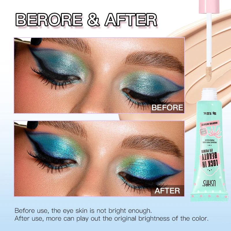 Before and after makeup application with a cosmetic tube labeled 'USHU'.