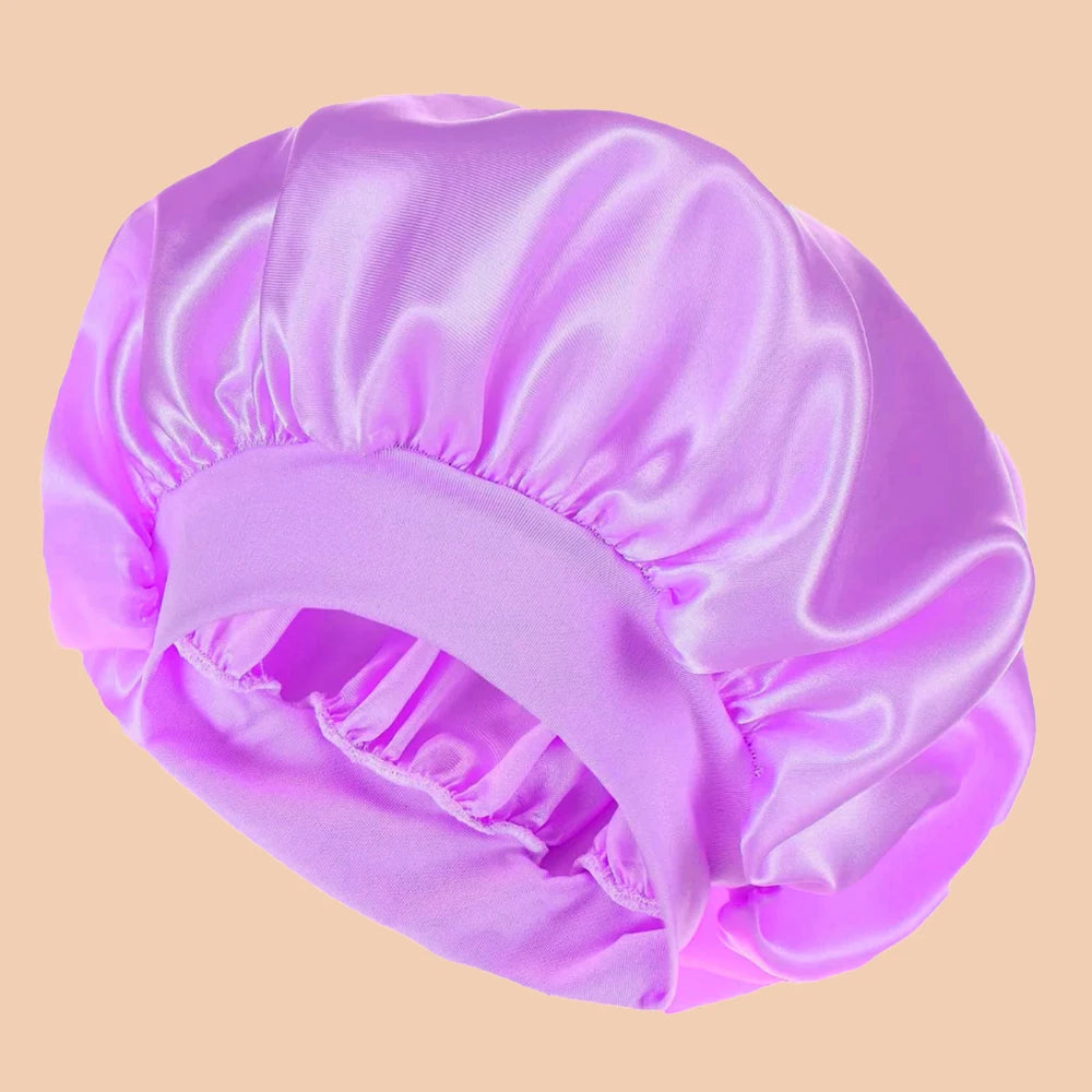 Purple satin bonnet on a beige background