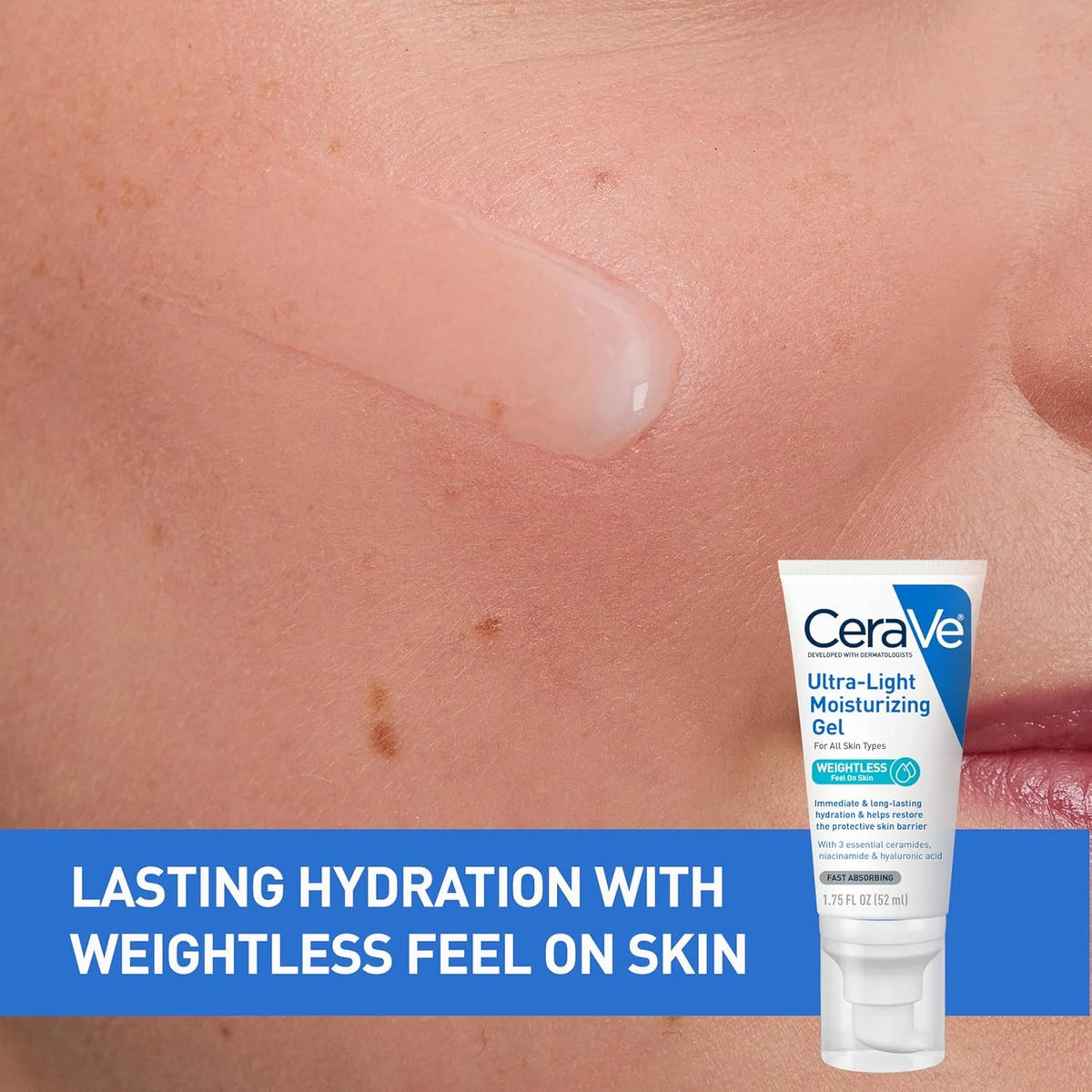 CeraVe moisturizing gel tube with skin texture background