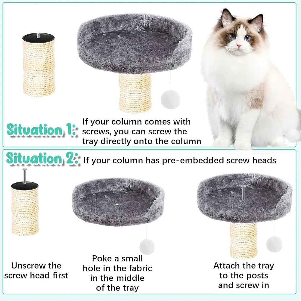 Cat sitting on a gray cat tree with instructions on how to attach a tray.