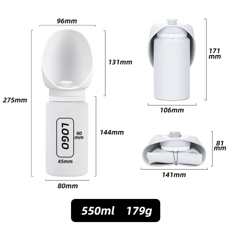 White measuring cup with dimensions and weight information on a white background