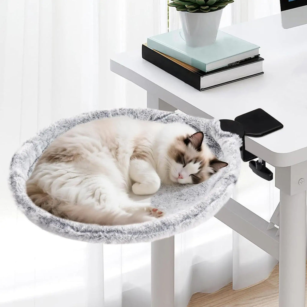 Cat sleeping on a round, plush pet bed attached to a chair.