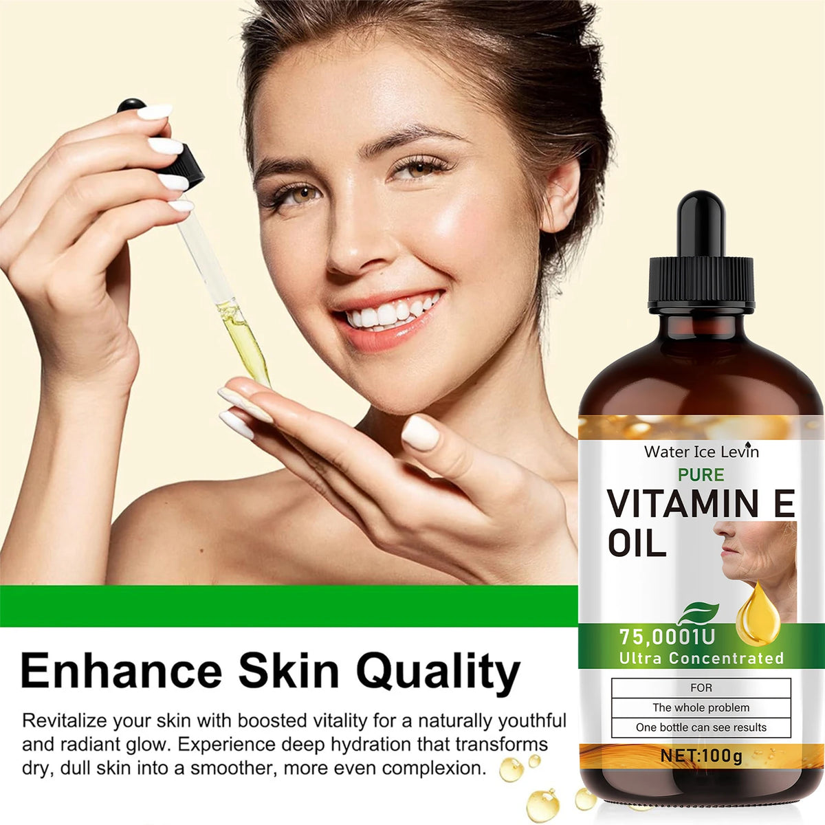 Woman holding a dropper with vitamin E oil next to a bottle of vitamin E oil on a beige background