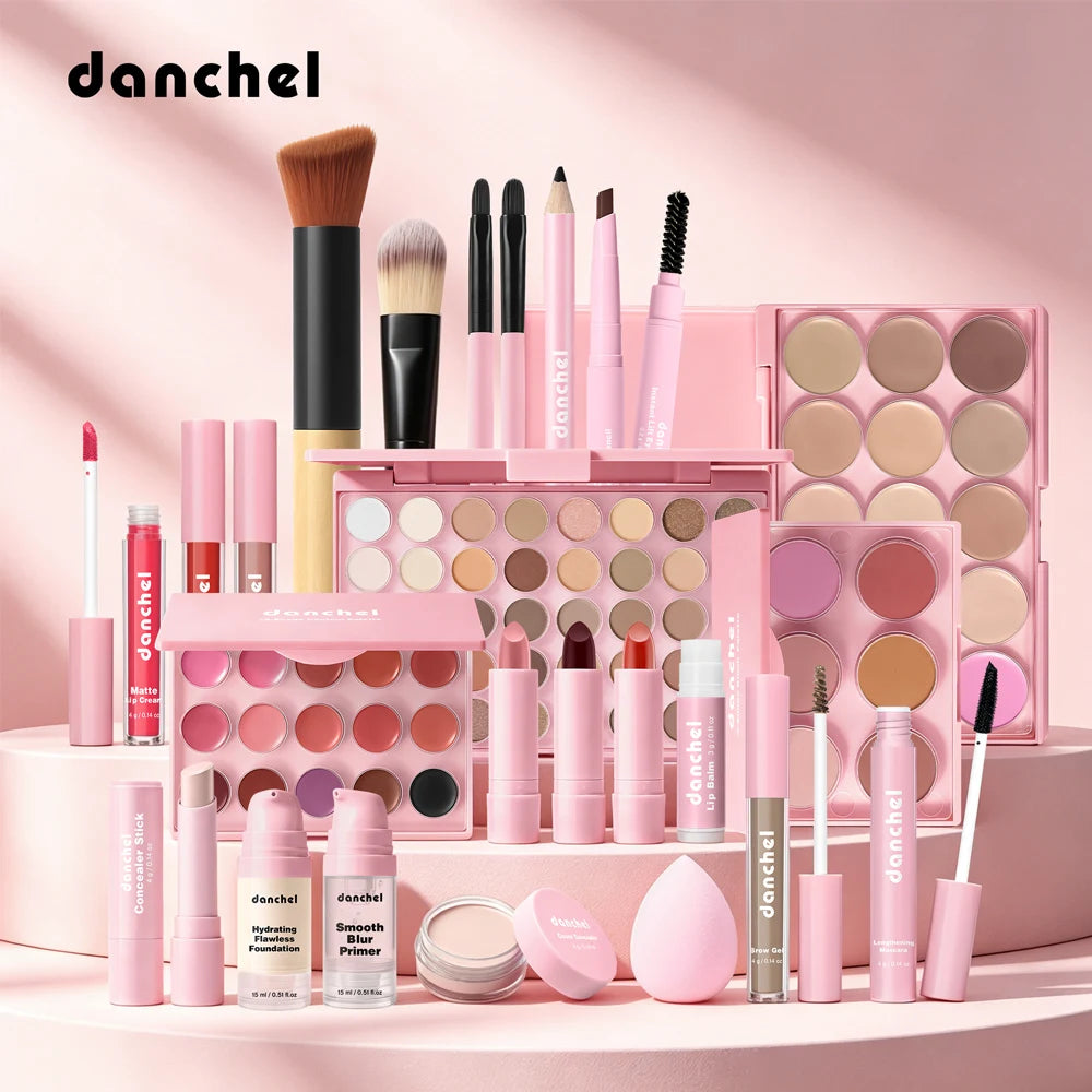 Danchel makeup product set on a pink background