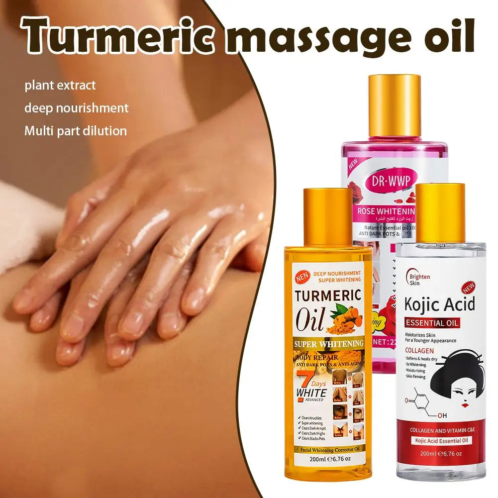 Turmeric massage oil with a hand applying oil to skin, surrounded by other skincare products.