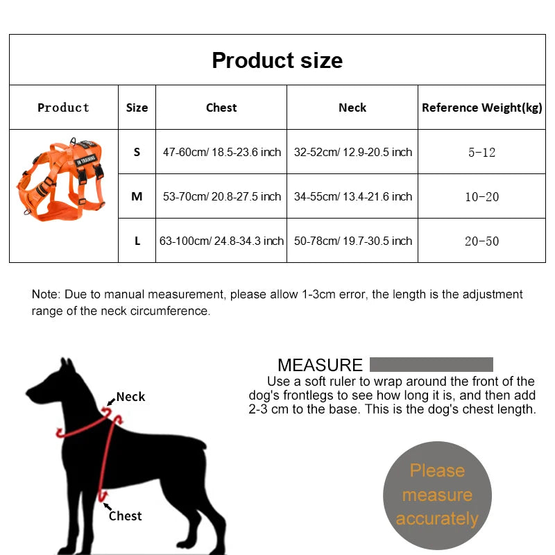 Product size chart for a dog harness with measurements and a diagram of how to measure a dog.