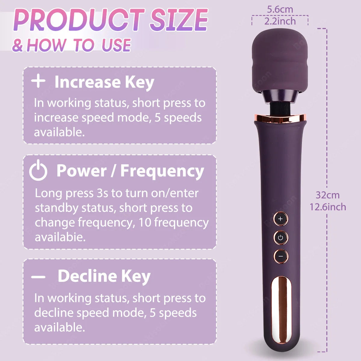 Purple electronic device with text on product size and usage on a light purple background