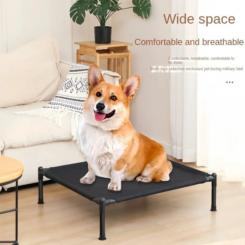 Dog sitting on a black pet bed in a living room with text about the bed's features.