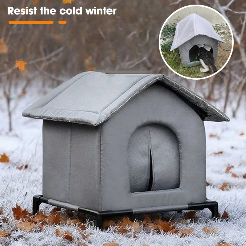 Gray dog house in a snowy landscape with text 'Resist the cold winter'.