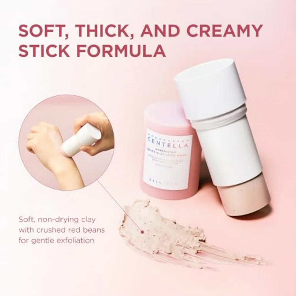 Cosmetic stick with a pink container and white cap on a pink background, labeled 'Soft, Thick, and Creamy Stick Formula'.