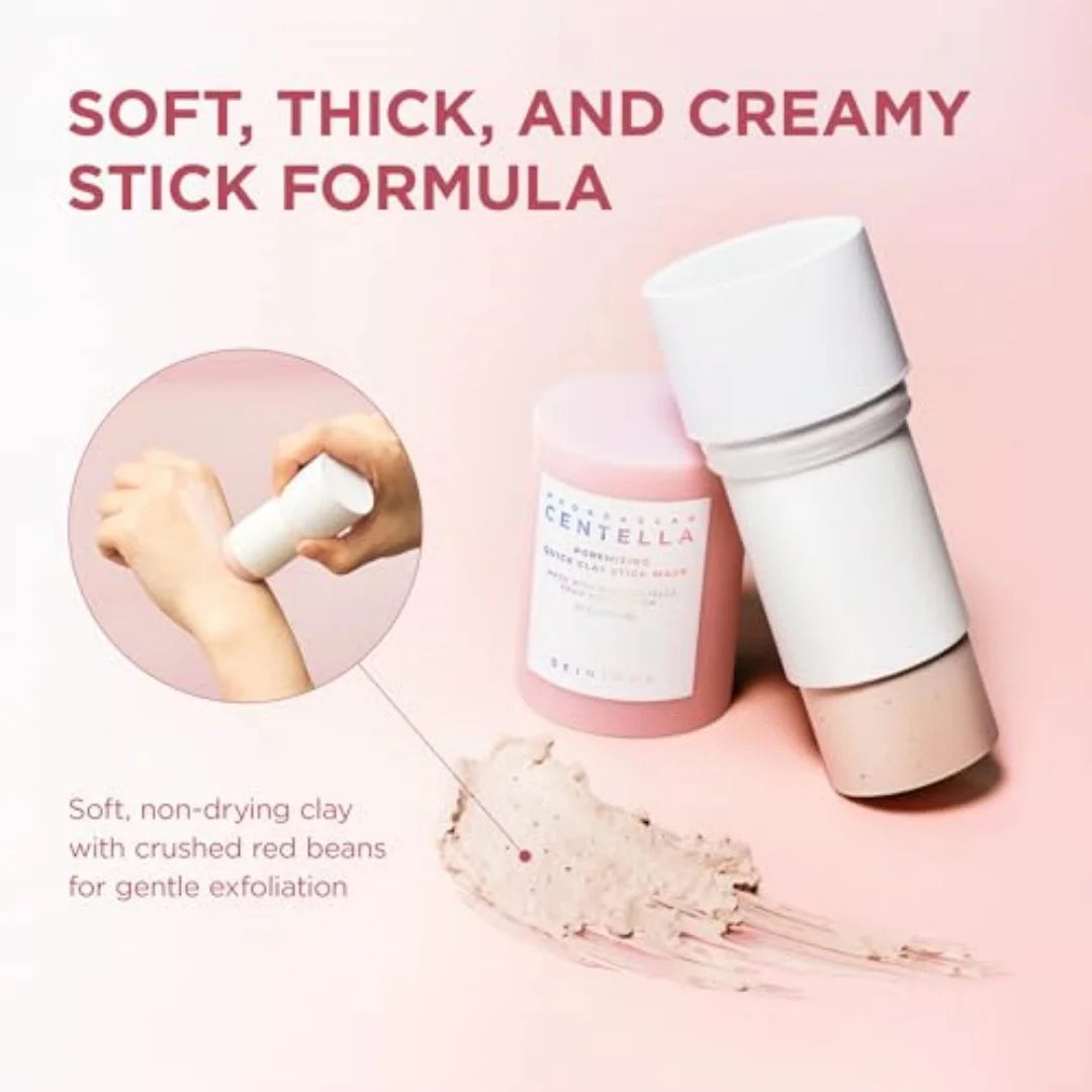 Cosmetic stick with a pink container and white cap on a pink background, labeled 'Soft, Thick, and Creamy Stick Formula'.