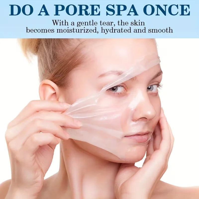 Woman applying a facial peel-off mask with text about skin benefits on a light blue background