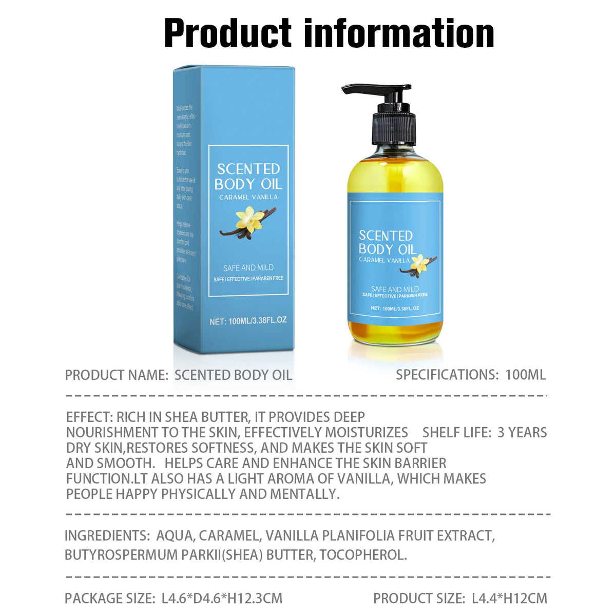 Scented body oil packaging with bottle and box on a white background