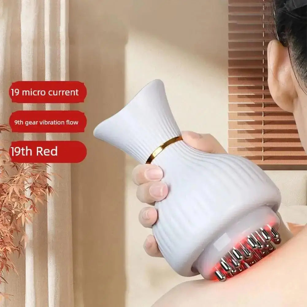 Person using a white handheld device with red lights on an arm, set against a neutral background.
