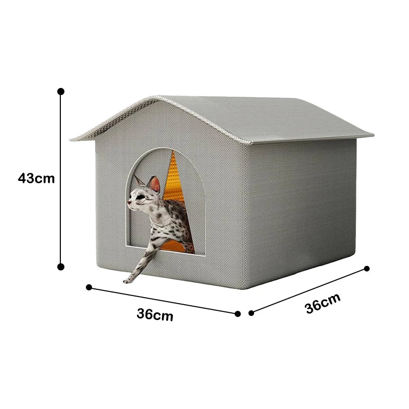 Gray cat house with dimensions labeled on a white background