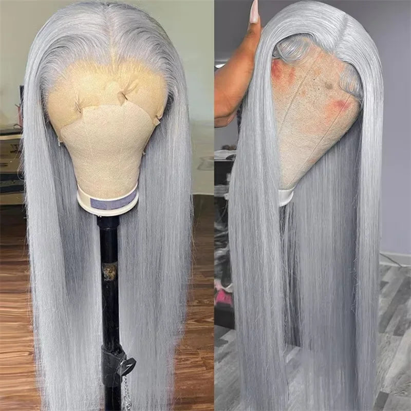 Gray wig on a mannequin head with a close-up of the lace front, set against a neutral background.