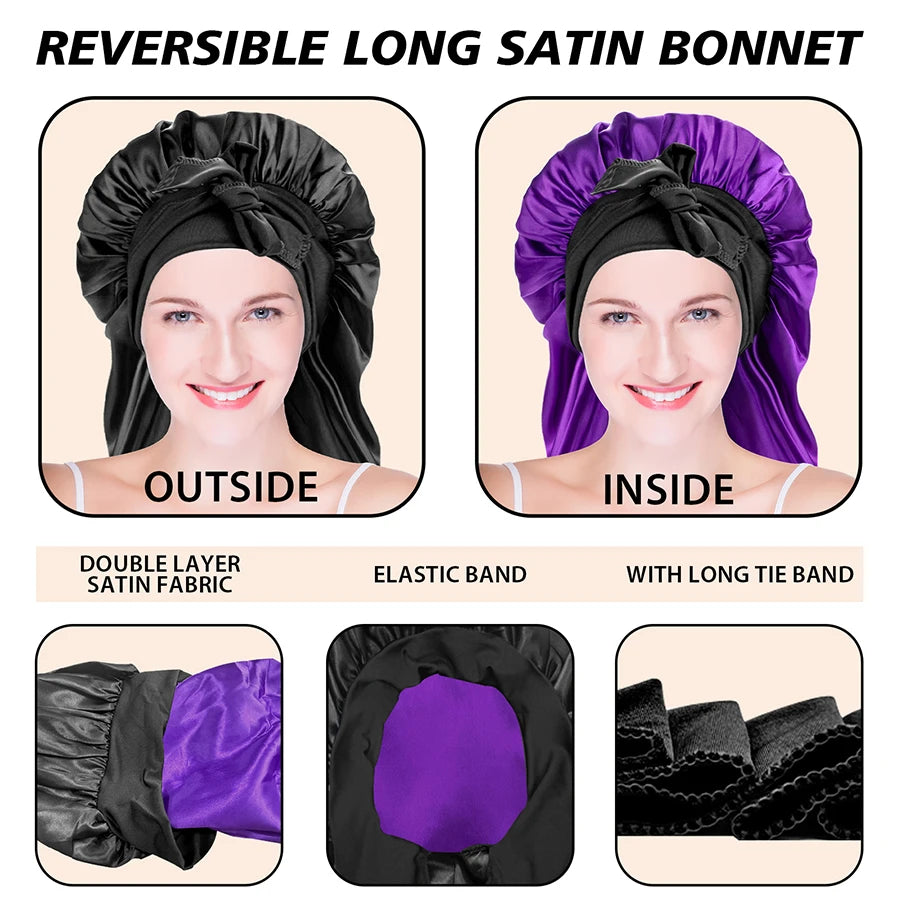 Reversible long satin bonnet with black and purple sides, showing features like double-layer satin fabric and elastic band.