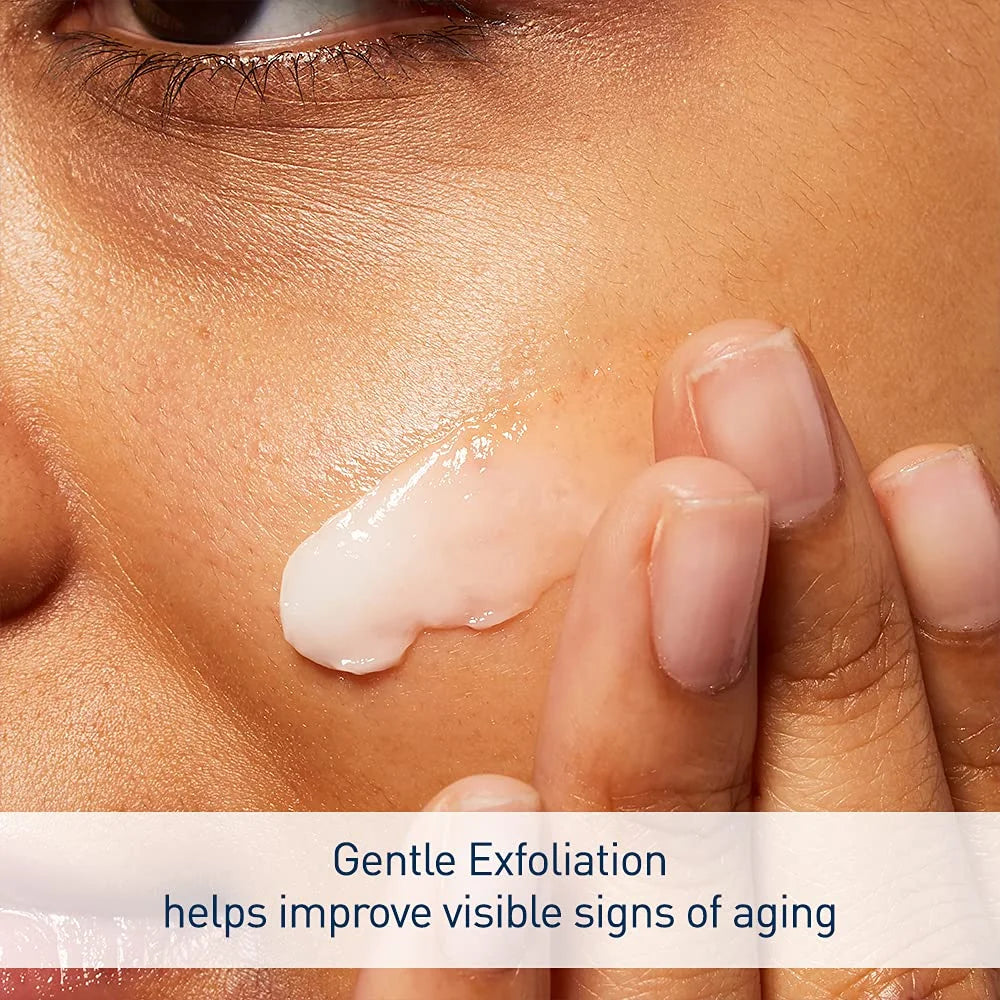 Close-up of a hand applying a skincare product to skin with text about exfoliation benefits.