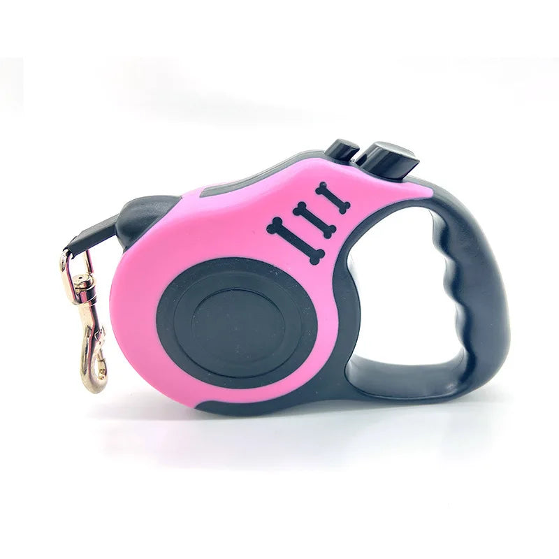 Pink and black retractable dog leash on a white background